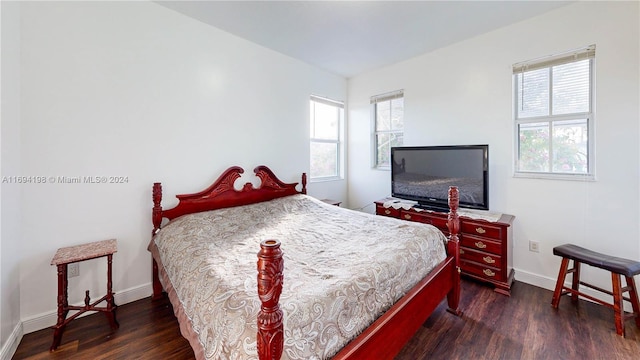 bedroom featuring dark hardwood / wood-style floors and multiple windows