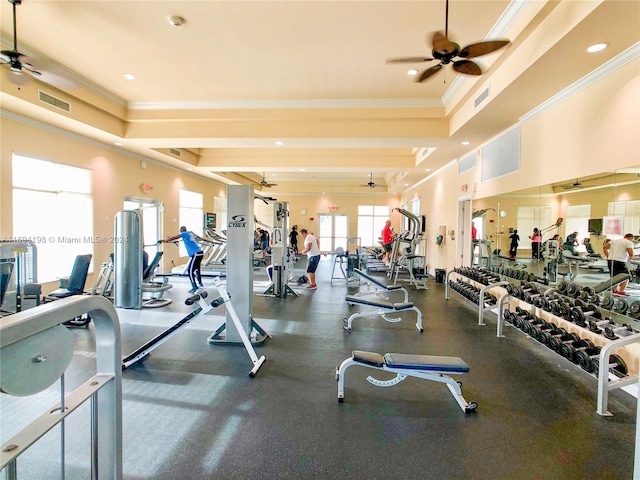 workout area with a tray ceiling, ceiling fan, and crown molding