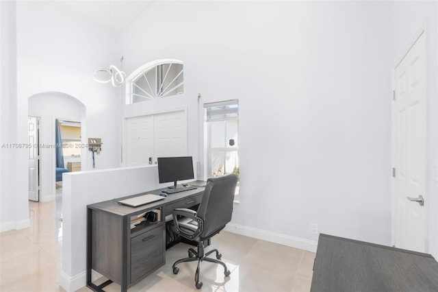 tiled office with high vaulted ceiling