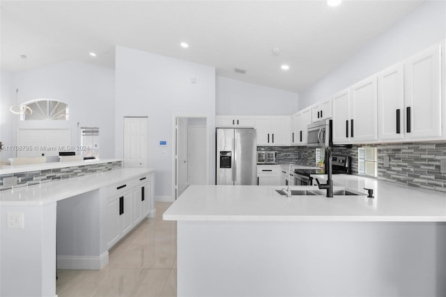 kitchen with backsplash, hanging light fixtures, sink, appliances with stainless steel finishes, and white cabinetry