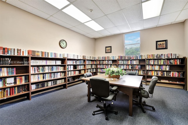 home office with carpet flooring and a paneled ceiling