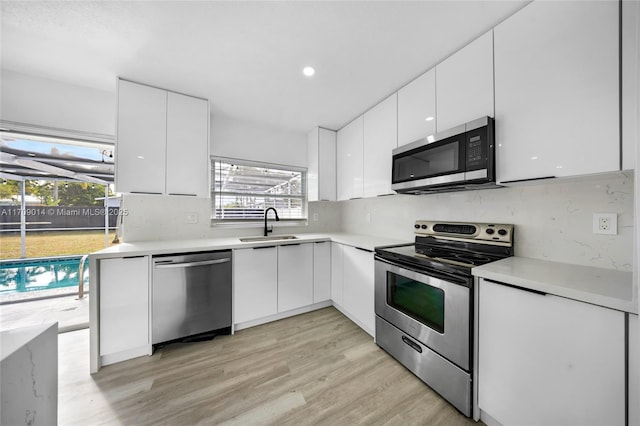 kitchen featuring white cabinets, appliances with stainless steel finishes, light wood-type flooring, and backsplash