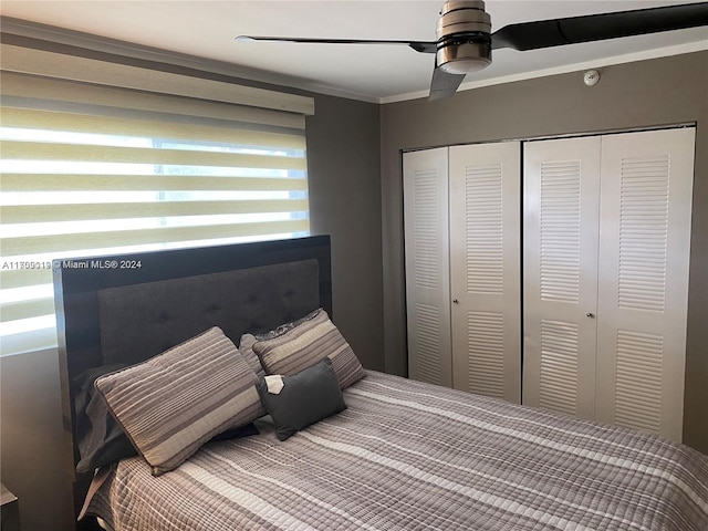 bedroom featuring ceiling fan, a closet, and ornamental molding