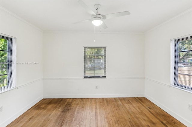 spare room featuring ornamental molding, ceiling fan, and a healthy amount of sunlight