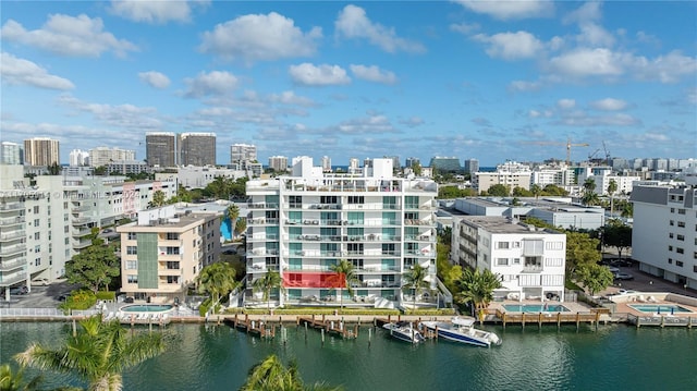 bird's eye view with a water view