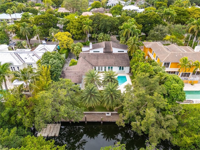 drone / aerial view featuring a water view