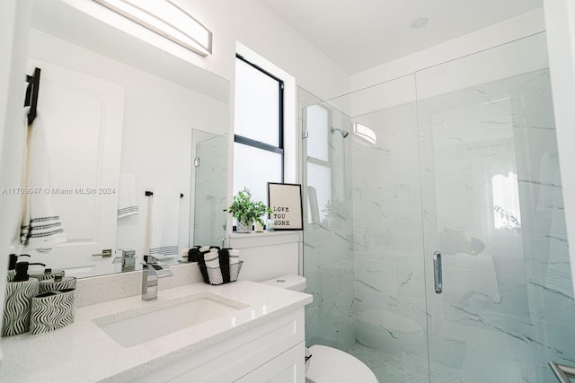 bathroom featuring vanity, toilet, and a shower with door