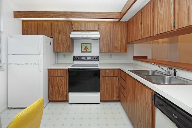 kitchen with sink, white appliances, and backsplash