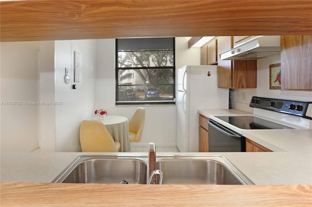 kitchen featuring electric stove, sink, and white refrigerator