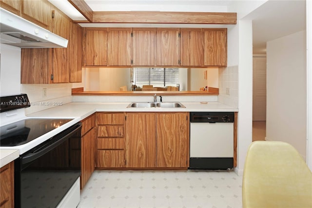 kitchen featuring electric stove, white dishwasher, sink, and backsplash