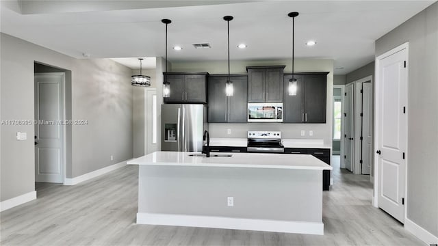 kitchen with stainless steel appliances, light hardwood / wood-style floors, a center island with sink, and sink