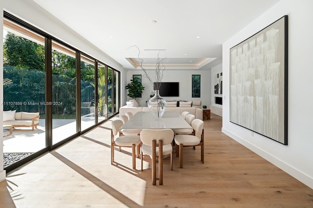 dining room with light wood-type flooring and a tray ceiling