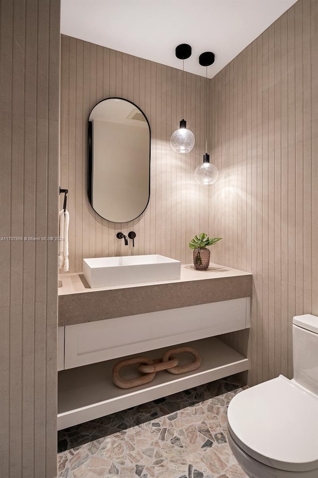 bathroom featuring vanity, wood walls, and toilet