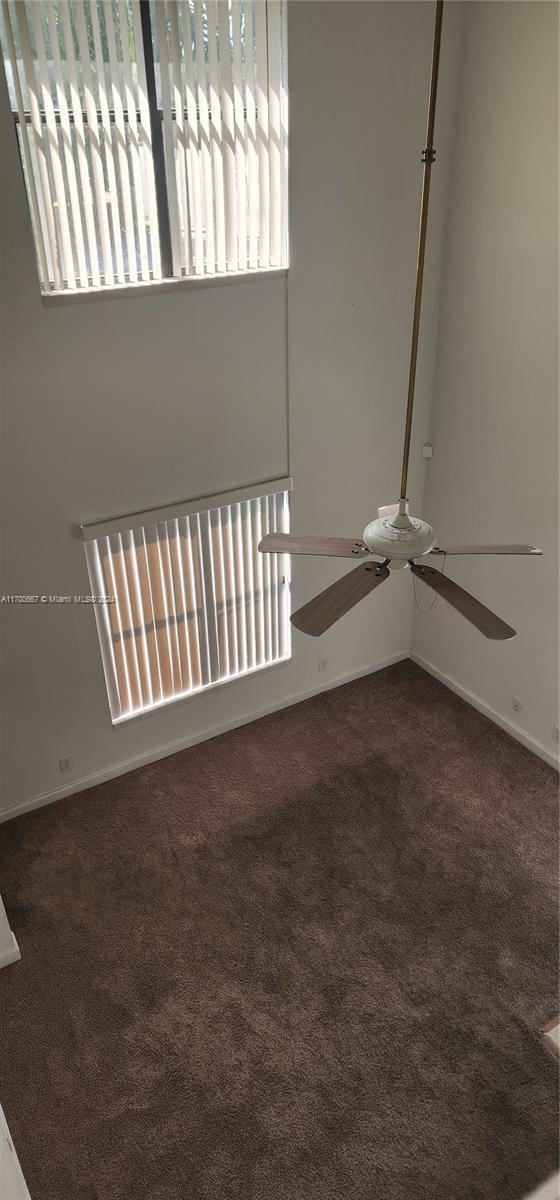 empty room with carpet flooring and ceiling fan