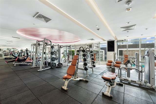 workout area with floor to ceiling windows