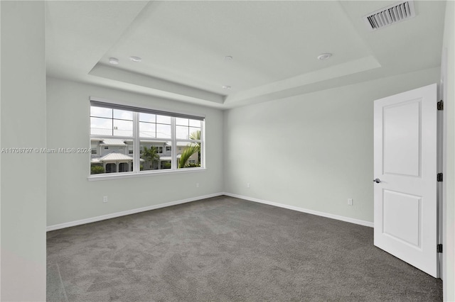 carpeted spare room with a tray ceiling