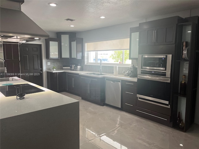 kitchen with decorative backsplash, sink, island exhaust hood, and stainless steel appliances