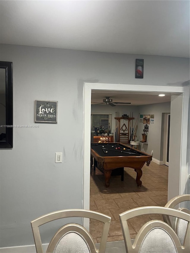 playroom featuring ceiling fan and pool table