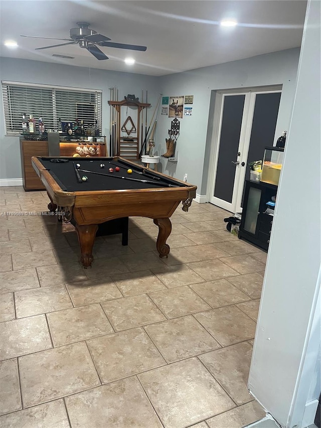 game room with french doors, ceiling fan, and billiards