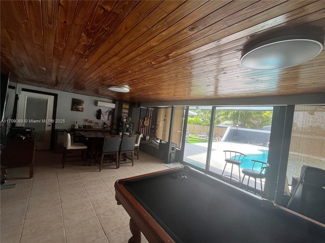 rec room featuring pool table, wood ceiling, and light tile patterned floors