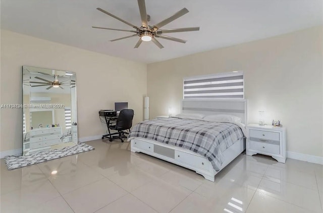 bedroom featuring ceiling fan, light tile patterned flooring, and an AC wall unit