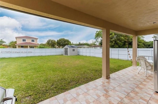 view of yard featuring a patio area and a storage unit