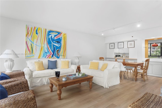 living room featuring rail lighting and light hardwood / wood-style floors