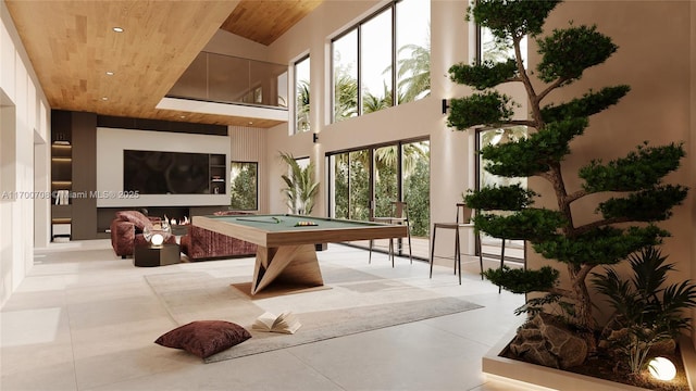 game room featuring a high ceiling, billiards, and wood ceiling