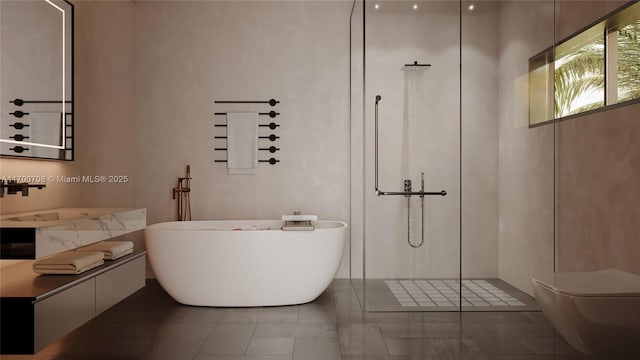 full bathroom featuring sink, toilet, tile patterned floors, and shower with separate bathtub