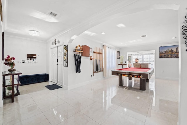 game room featuring ornamental molding and pool table