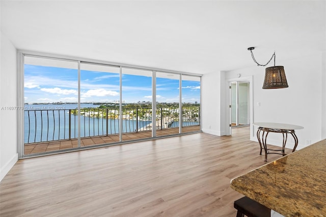 living room with floor to ceiling windows, a water view, a healthy amount of sunlight, and light wood-type flooring