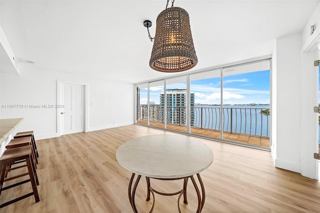 interior space featuring floor to ceiling windows, a water view, a notable chandelier, and light wood-type flooring