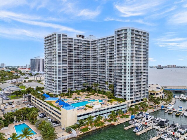 view of building exterior with a water view