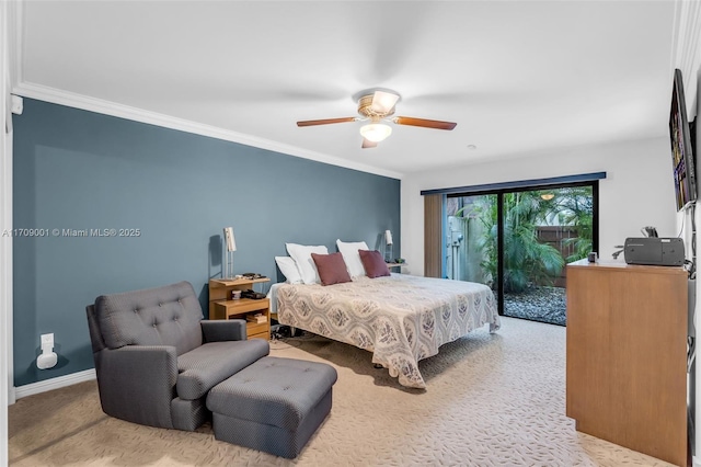 bedroom with access to exterior, light colored carpet, ceiling fan, and crown molding