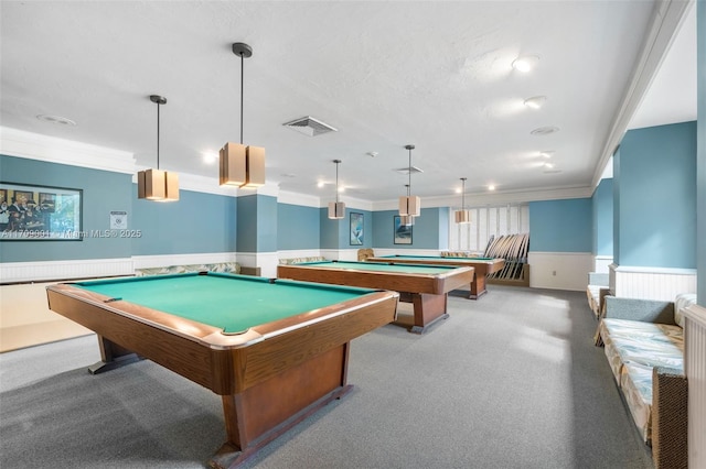 recreation room featuring light colored carpet, crown molding, and pool table