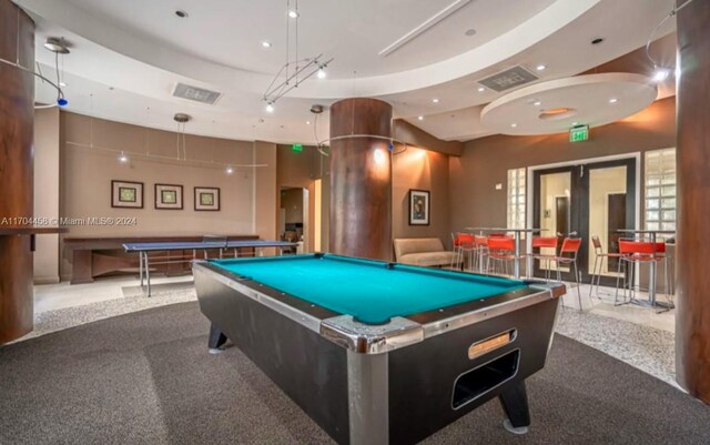 playroom with french doors, carpet, and pool table