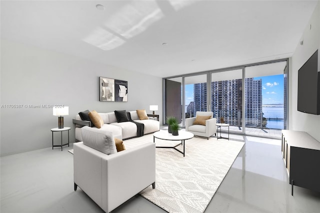 living room with floor to ceiling windows