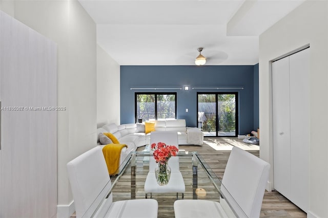 dining room featuring ceiling fan and light hardwood / wood-style flooring