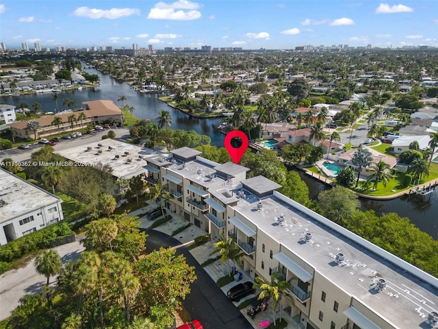 drone / aerial view featuring a water view