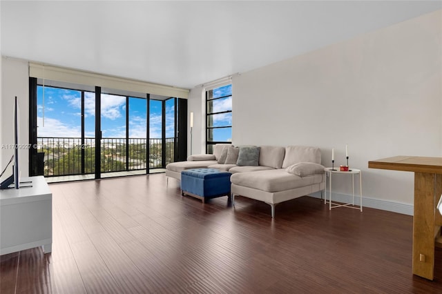 living room with a wall of windows, wood finished floors, and baseboards