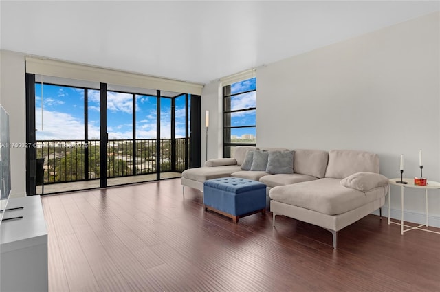 living area with baseboards, floor to ceiling windows, and wood finished floors