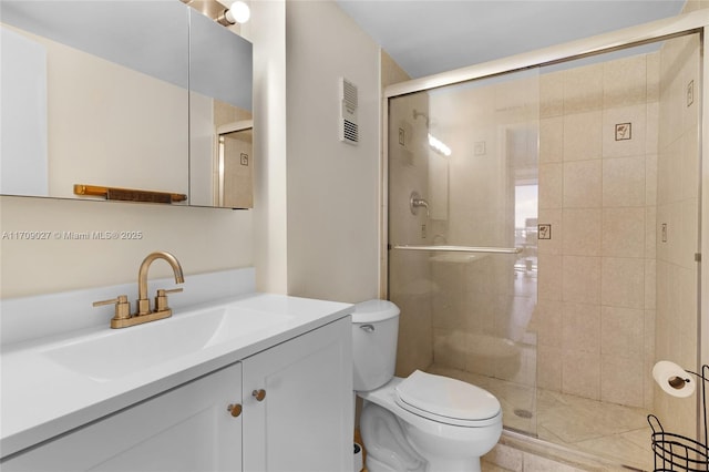 full bathroom with visible vents, a shower stall, toilet, and vanity