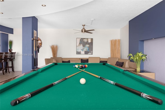 rec room featuring recessed lighting, pool table, and ceiling fan