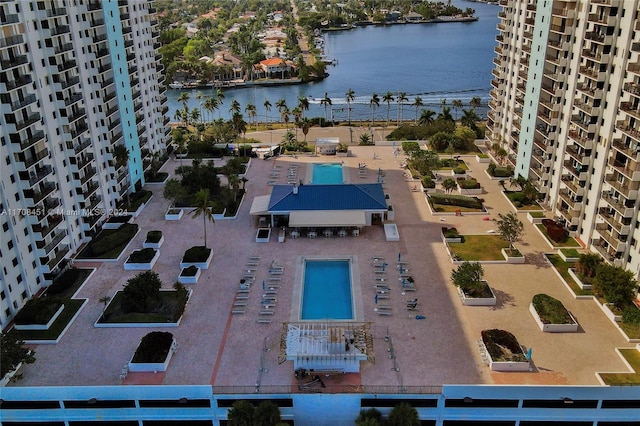 drone / aerial view featuring a water view