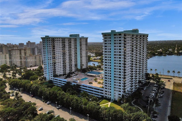 drone / aerial view with a water view