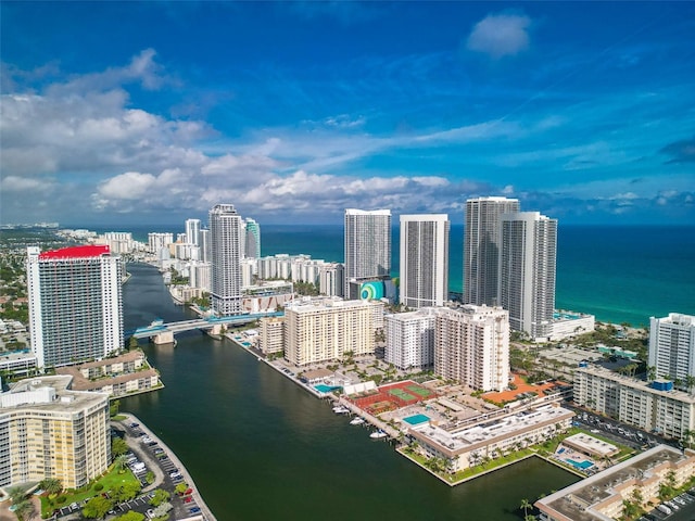 aerial view featuring a water view