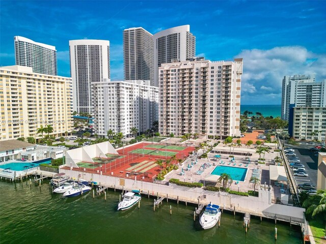 aerial view featuring a water view