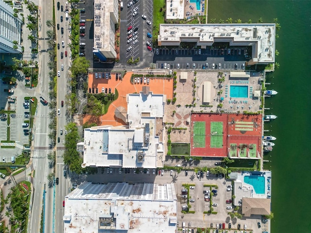 birds eye view of property featuring a water view