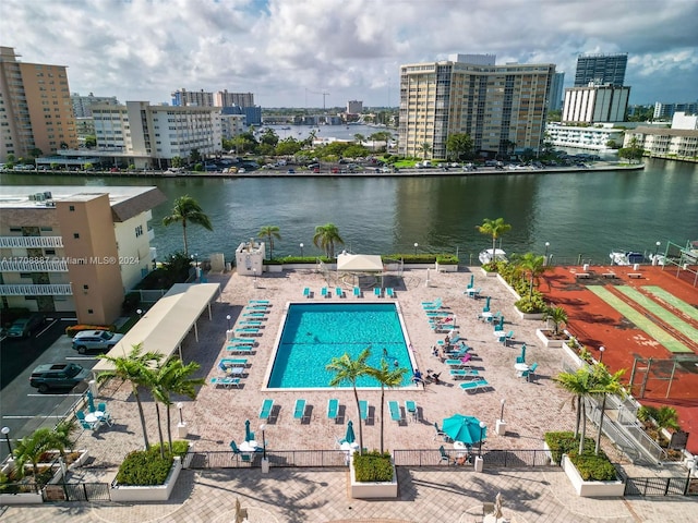 aerial view featuring a water view