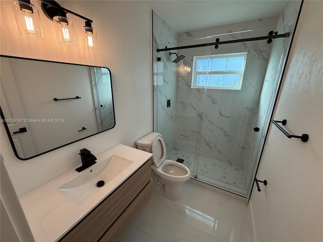 bathroom featuring vanity, toilet, and a shower with shower door